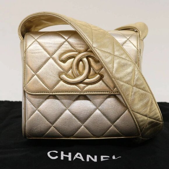 CHANEL Matelasse Shoulder Bag Lamb Skin Gold CC Auth - Picture 1 of 15